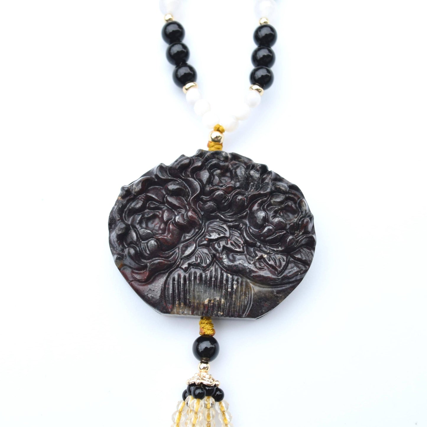 Black Flora Comb Pendant Necklace - Rhodonite Agate Beaded