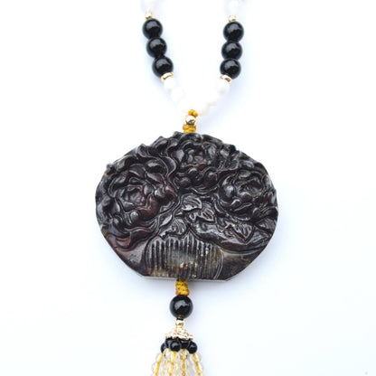 Black Flora Comb Pendant Necklace - Rhodonite Agate Beaded