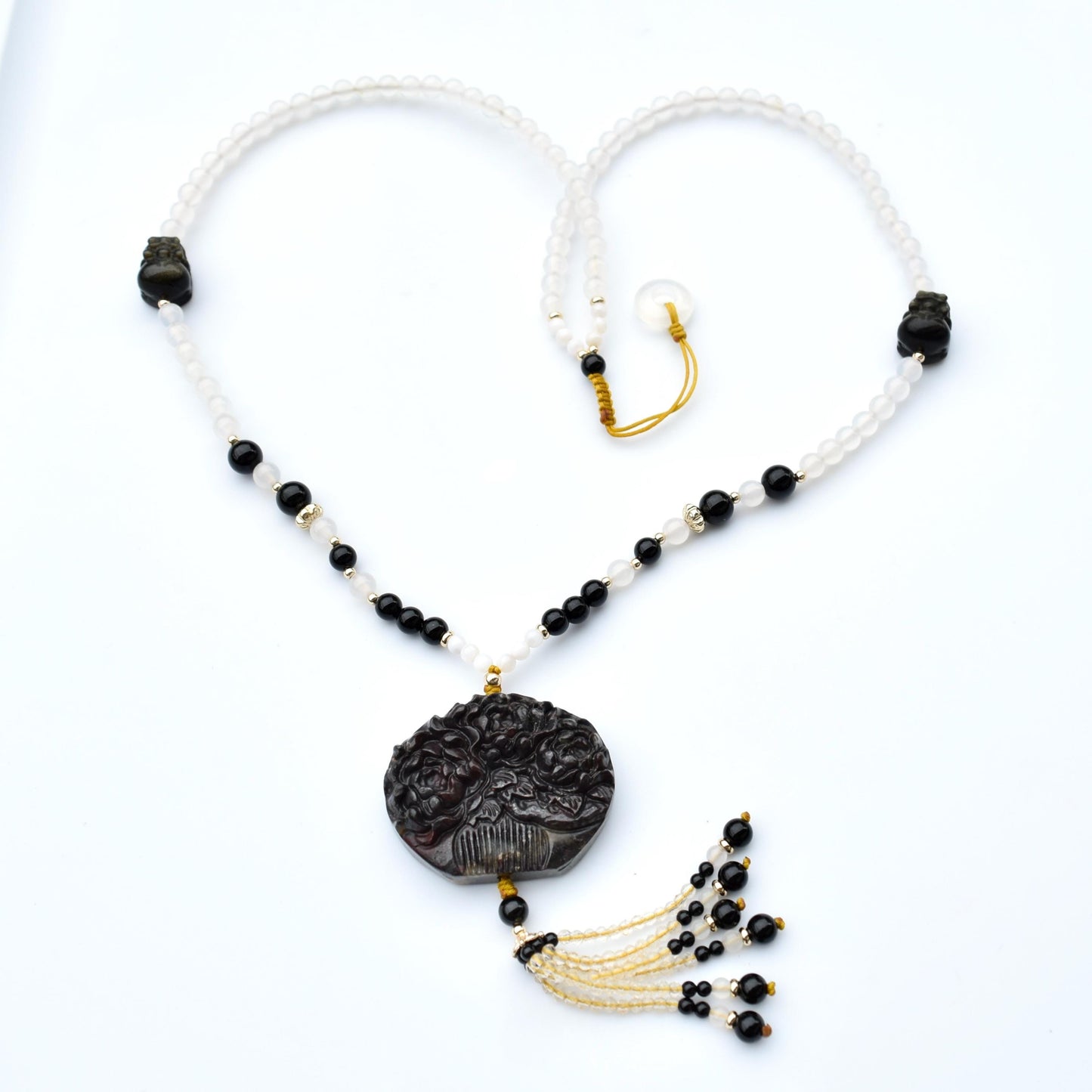 Black Flora Comb Pendant Necklace - Rhodonite Agate Beaded