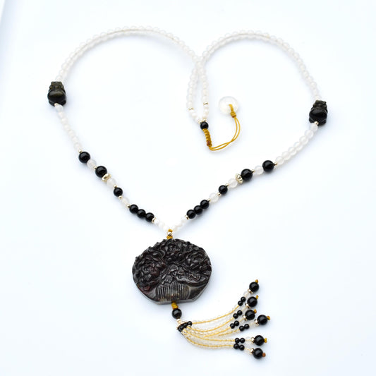 Black Flora Comb Pendant Necklace - Rhodonite Agate Beaded