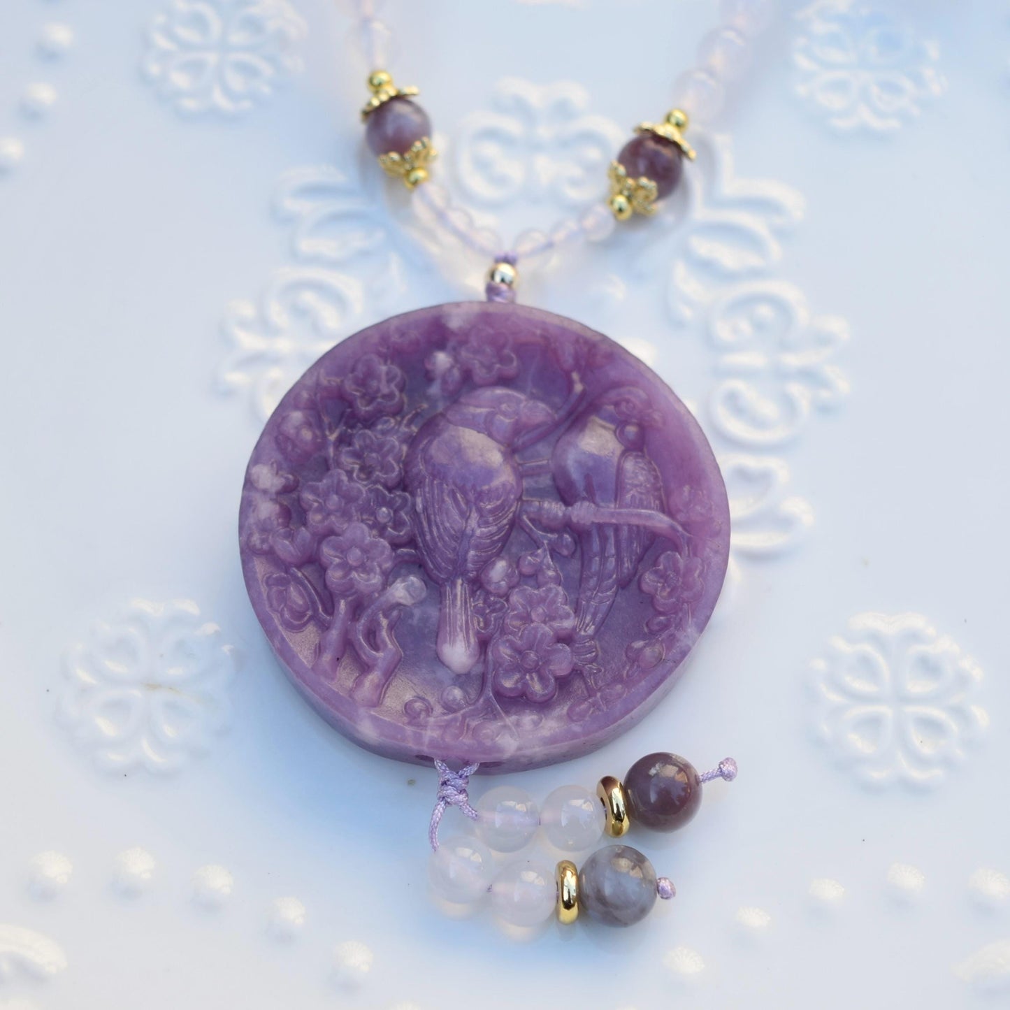 Lepidolite Bird Plum Blossom Pendant - Purple Jade Stone