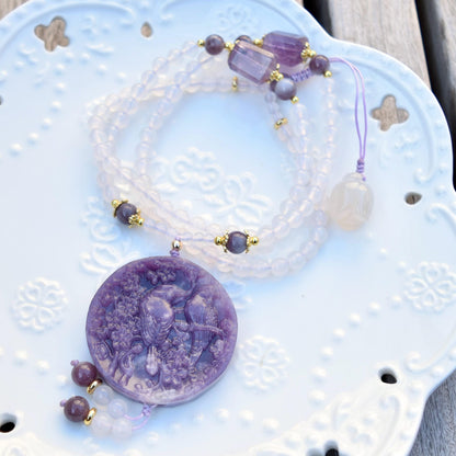 Lepidolite Bird Plum Blossom Pendant - Purple Jade Stone