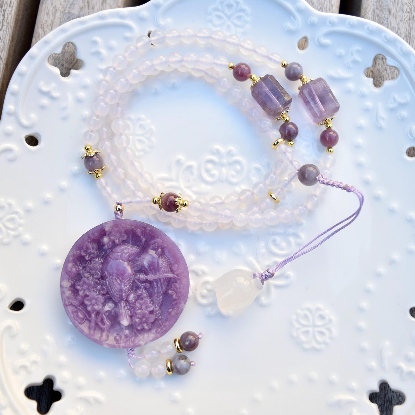 Lepidolite Bird Plum Blossom Pendant - Purple Jade Stone