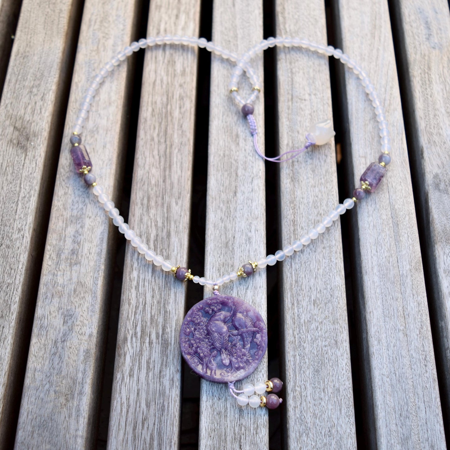 Lepidolite Bird Plum Blossom Pendant - Purple Jade Stone