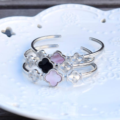 Silver Clover Bangle - Pink Shell Black Agate