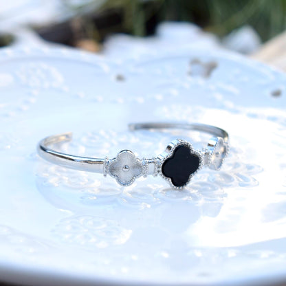 Silver Clover Bangle - Pink Shell Black Agate