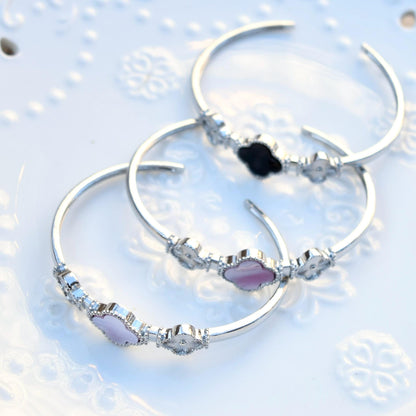 Silver Clover Bangle - Pink Shell Black Agate
