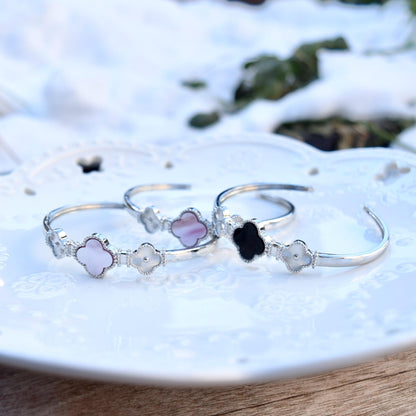 Silver Clover Bangle - Pink Shell Black Agate