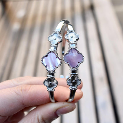 Silver Clover Bangle - Pink Shell Black Agate