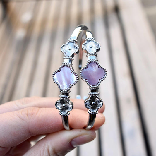 Silver Clover Bangle - Pink Shell Black Agate