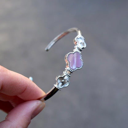 Silver Clover Bangle - Pink Shell Black Agate