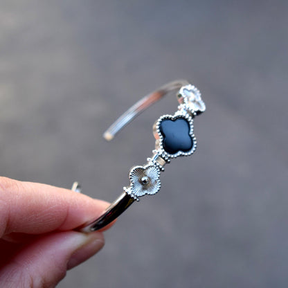 Silver Clover Bangle - Pink Shell Black Agate