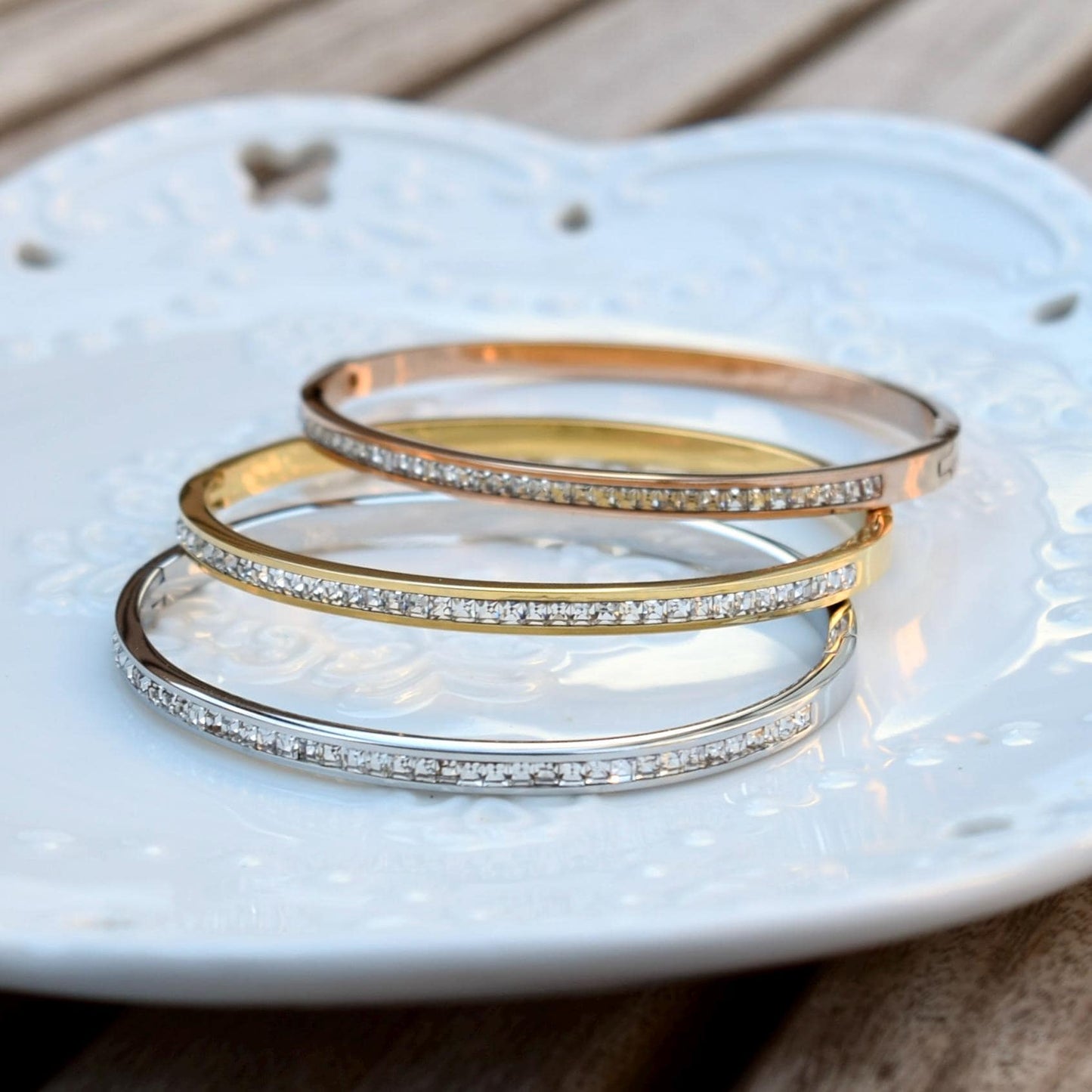 Golden Silver Crystal Bangle - Stainless Steel CZ Diamond