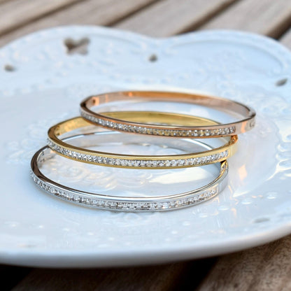 Golden Silver Crystal Bangle - Stainless Steel CZ Diamond