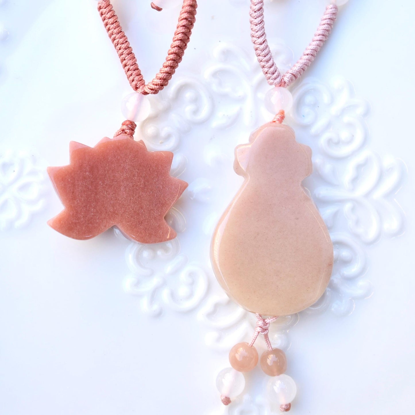 Pink Peony Pipa Lotus Pendant Rope Necklace - Aventurine Quartz Jade Pendant
