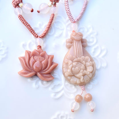 Pink Peony Pipa Lotus Pendant Rope Necklace - Aventurine Quartz Jade Pendant