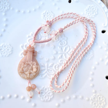 Pink Peony Pipa Lotus Pendant Rope Necklace - Aventurine Quartz Jade Pendant