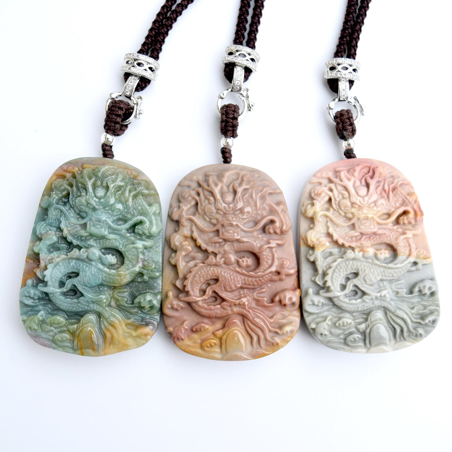 Chinese Dragon Jasper Pendant Necklace: Adjustable Jade Cord