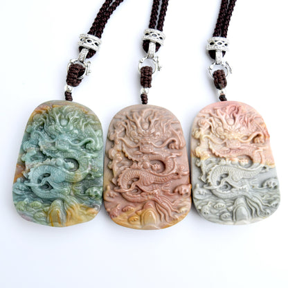 Chinese Dragon Jasper Pendant Necklace: Adjustable Jade Cord