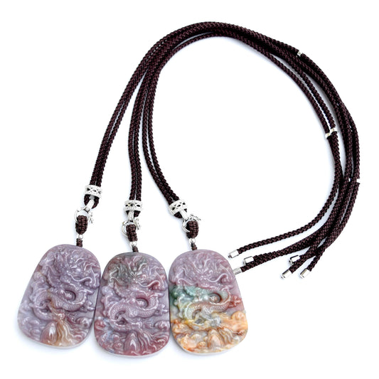 Chinese Dragon Jasper Pendant Necklace - Adjustable Jade Cord