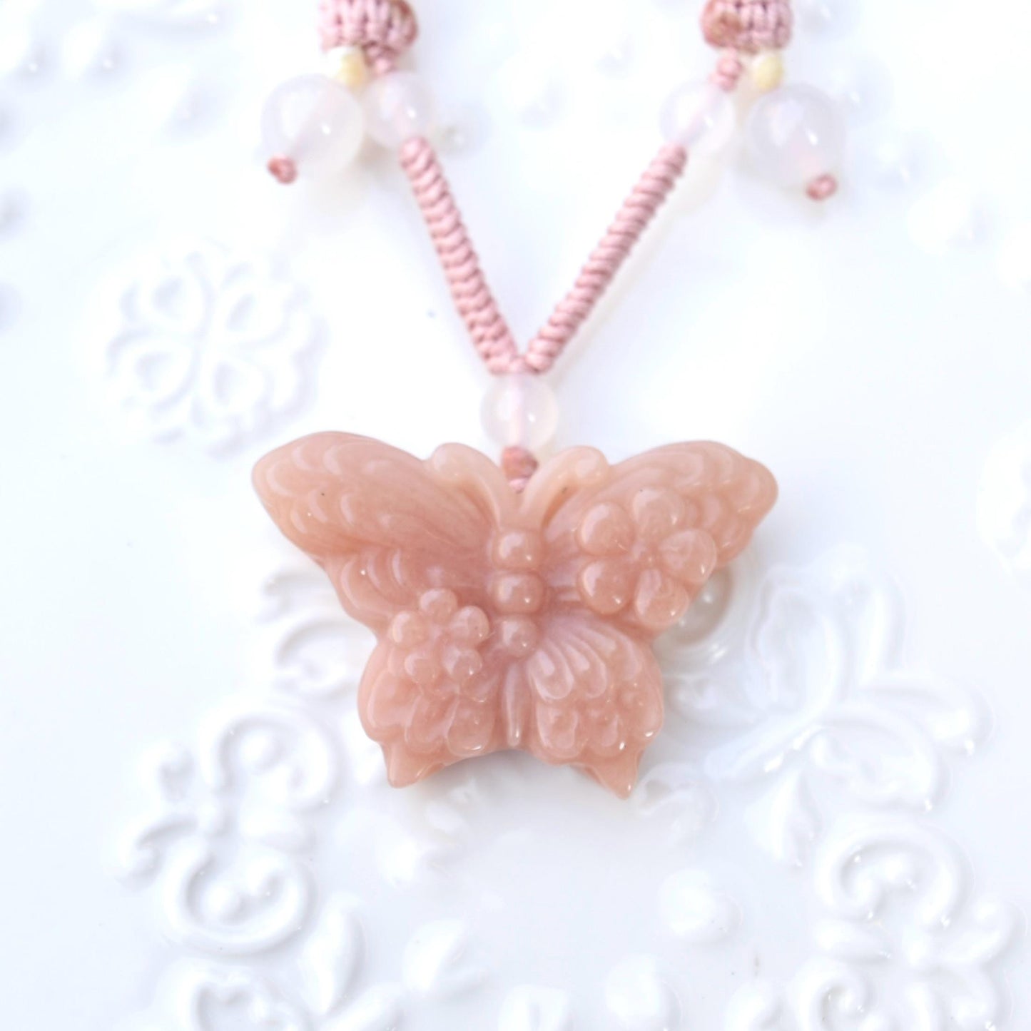 Peony Butterfly Pendant Rope Necklace - Pink Jade Pendant