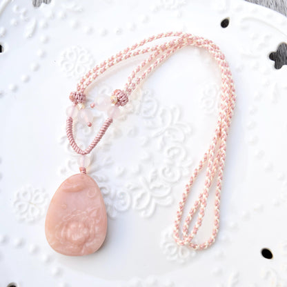 Peony Butterfly Pendant Rope Necklace - Pink Jade Pendant