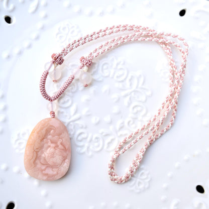 Peony Butterfly Pendant Rope Necklace - Pink Jade Pendant