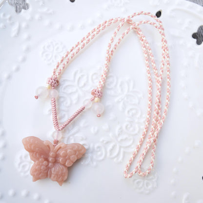 Peony Butterfly Pendant Rope Necklace - Pink Jade Pendant