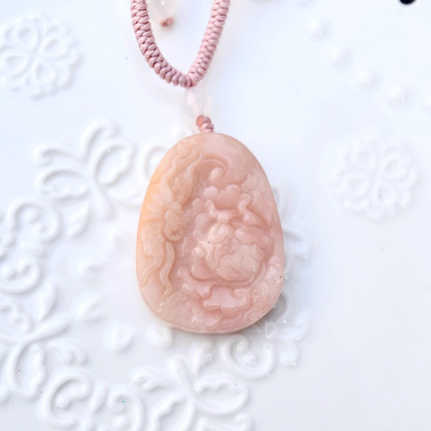Peony Butterfly Pendant Rope Necklace - Pink Jade Pendant