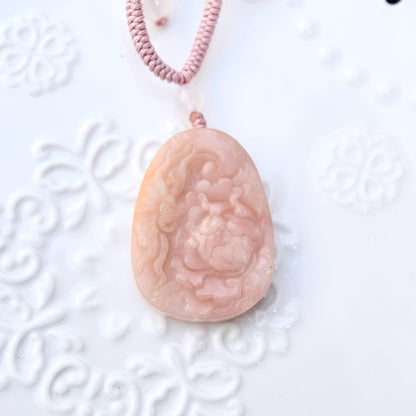 Peony Butterfly Pendant Rope Necklace - Pink Jade Pendant