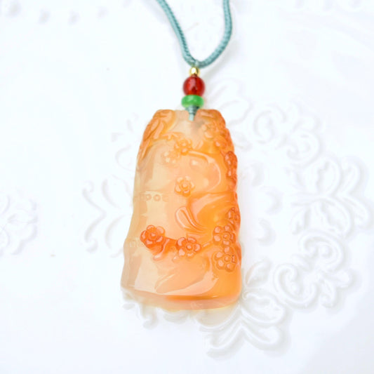 Plum Blossom Agate Pendant Necklace - Chinese Rope Necklace