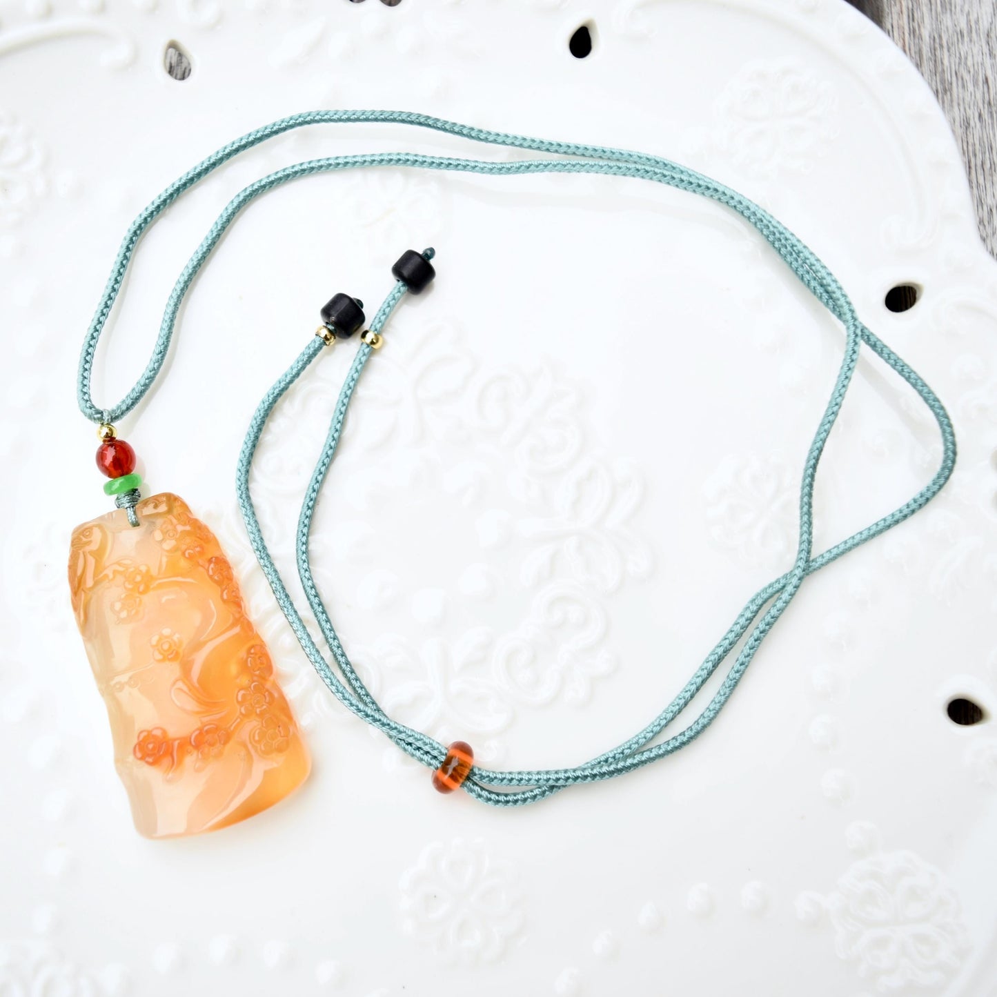 Plum Blossom Agate Pendant Necklace - Chinese Rope Necklace