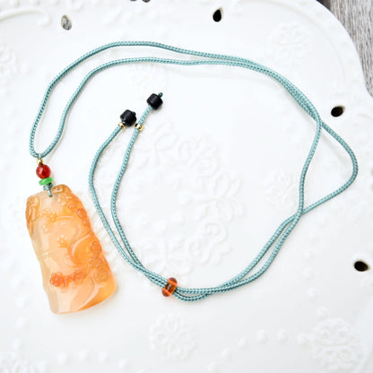 Plum Blossom Agate Pendant Necklace - Chinese Rope Necklace