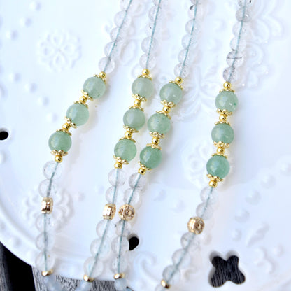 Ruyi Square Pendant Necklace - Green Aventurine Clear Quartz Beaded