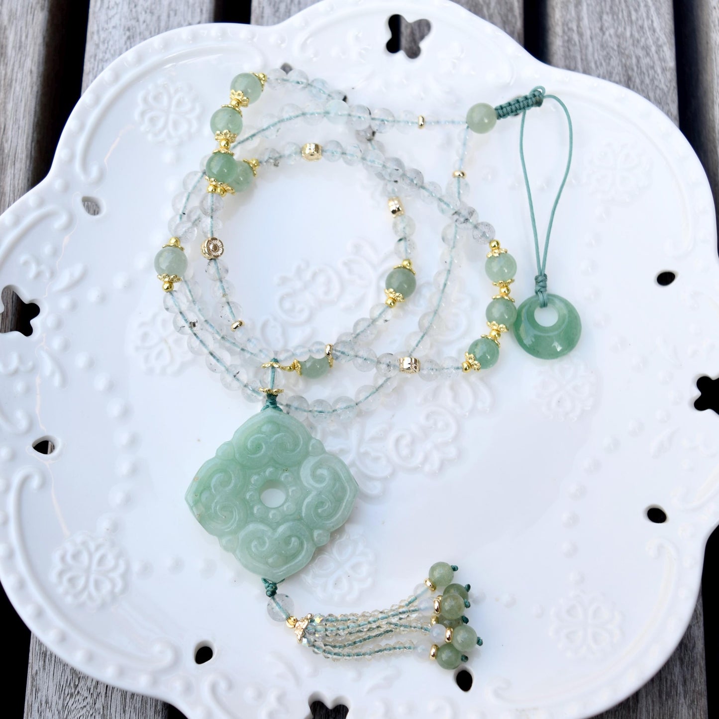 Ruyi Square Pendant Necklace - Green Aventurine Clear Quartz Beaded