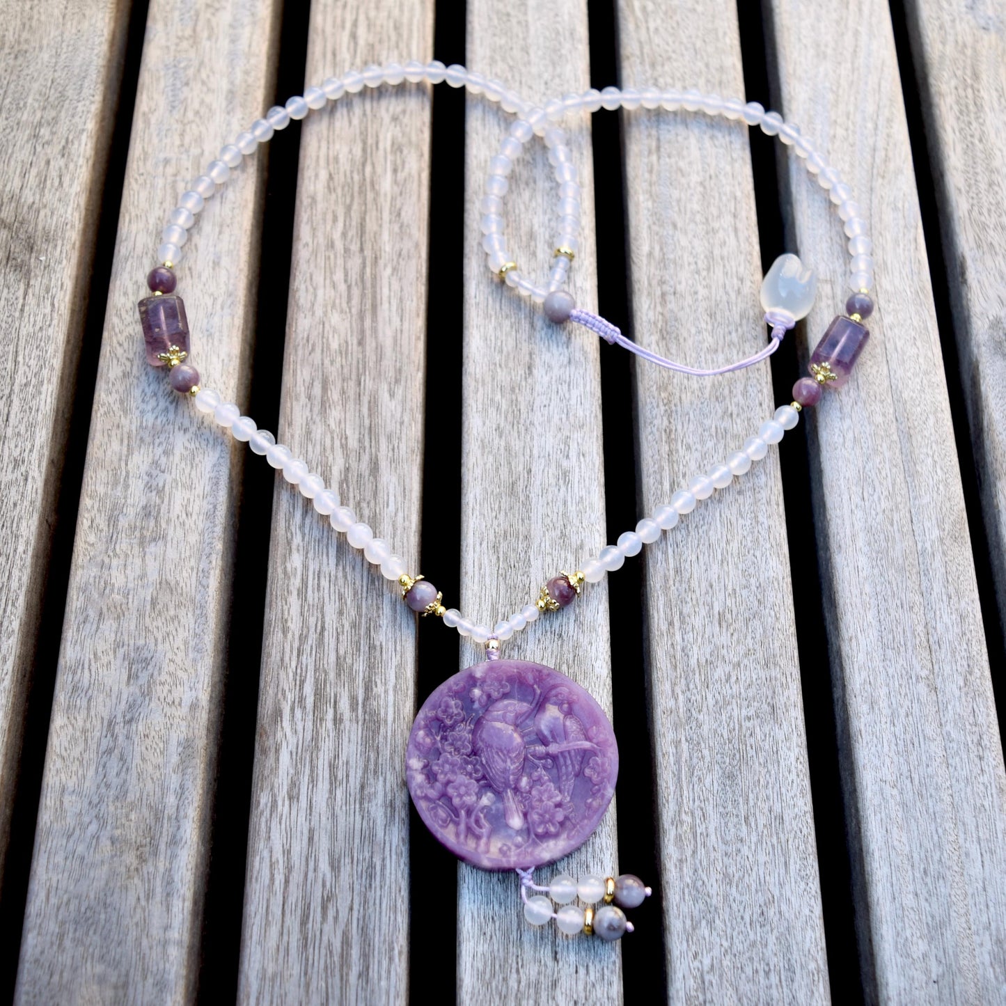 Lepidolite Bird Plum Blossom Pendant - Purple Jade Stone