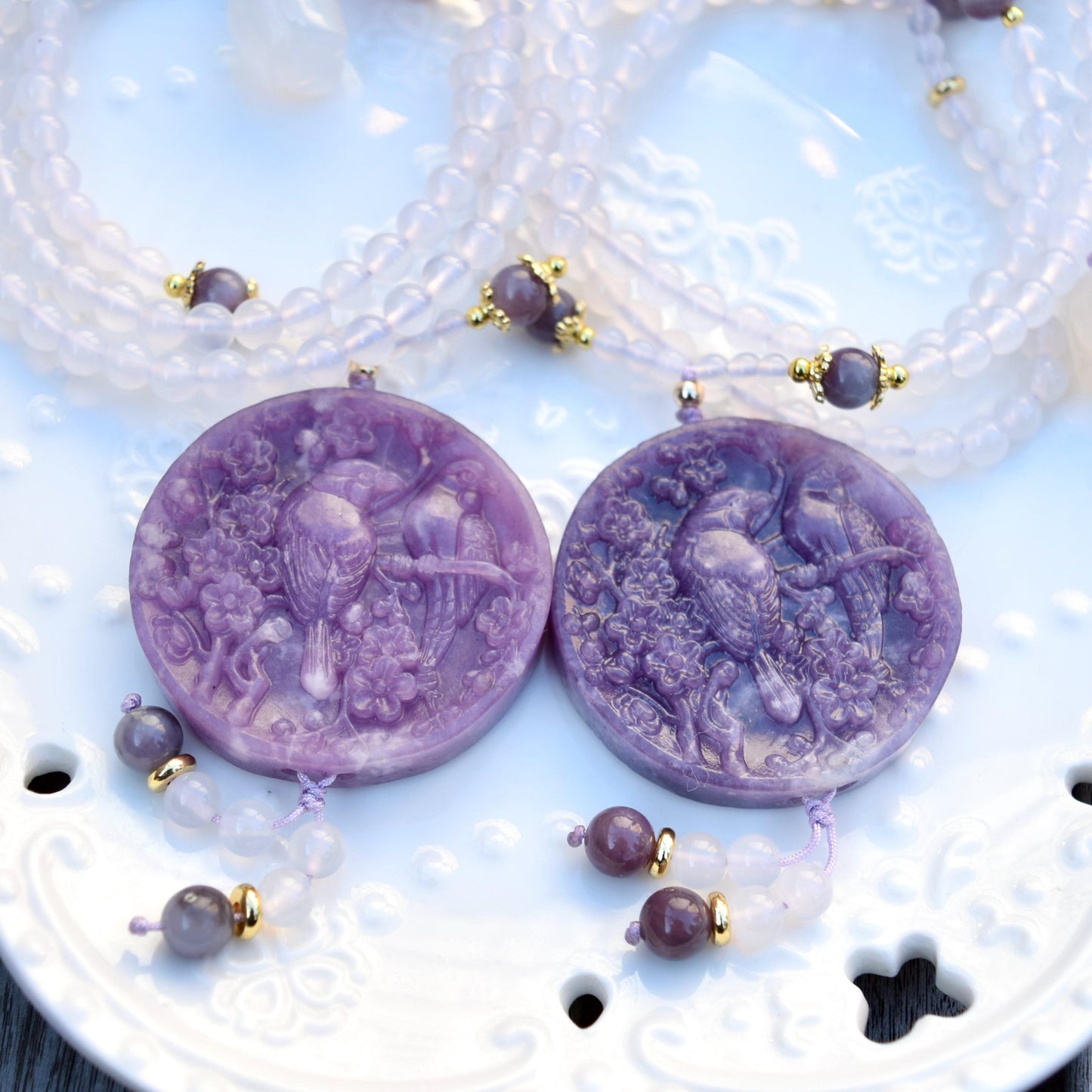 Lepidolite Bird Plum Blossom Pendant - Purple Jade Stone