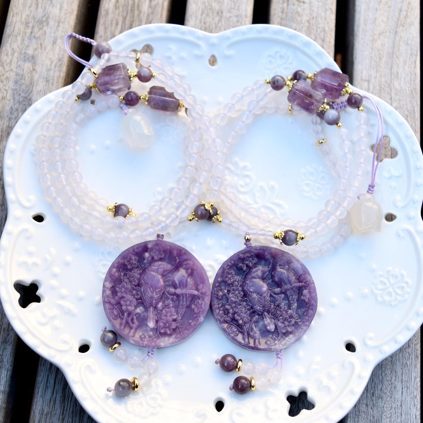 Lepidolite Bird Plum Blossom Pendant - Purple Jade Stone