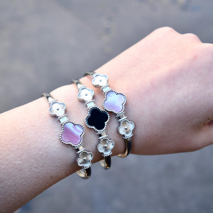 Silver Clover Bangle - Pink Shell Black Agate