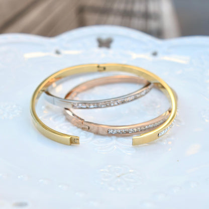 Golden Silver Crystal Bangle - Stainless Steel CZ Diamond