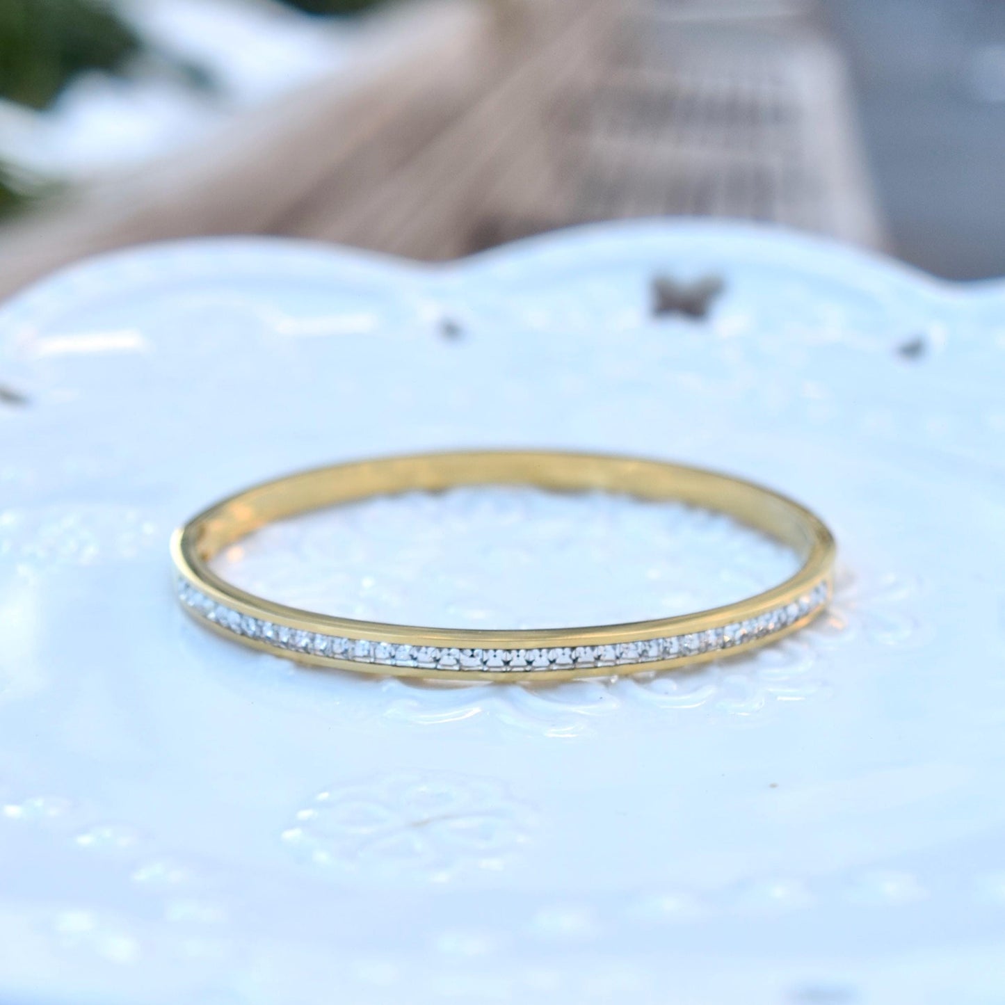 Golden Silver Crystal Bangle - Stainless Steel CZ Diamond