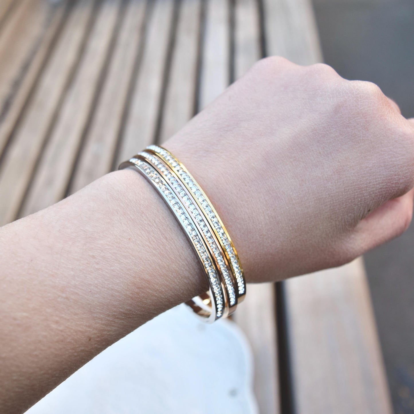 Golden Silver Crystal Bangle - Stainless Steel CZ Diamond