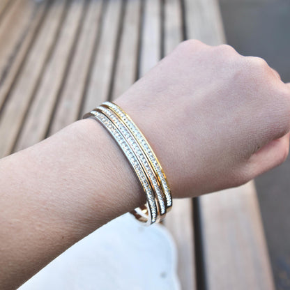 Golden Silver Crystal Bangle - Stainless Steel CZ Diamond