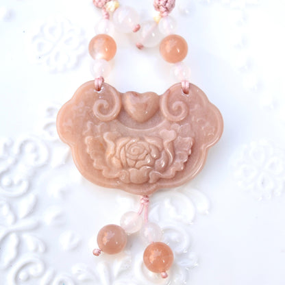 Colorful Peony Lock Pendant Rope Necklace - Quartz Jade Crystal Pendant