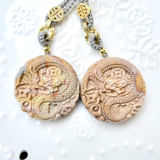 Circle Dragon Pendant Necklace - Yellow Jasper - Adjustable Rope Necklace