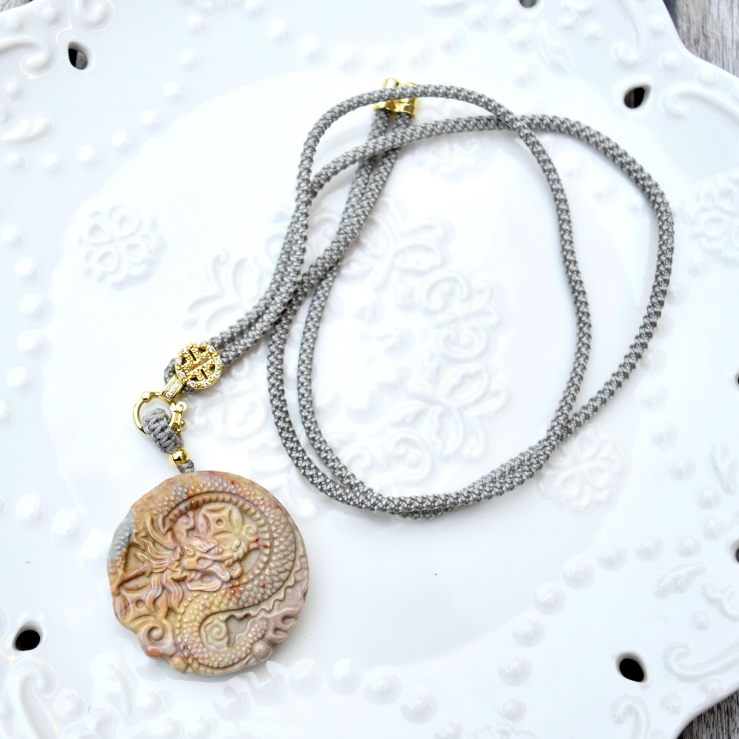 Circle Dragon Pendant Necklace - Yellow Jasper - Adjustable Rope Necklace