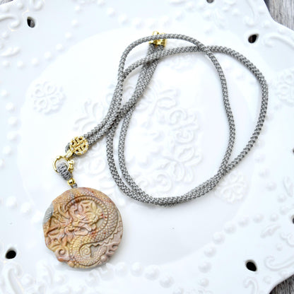 Circle Dragon Pendant Necklace - Yellow Jasper - Adjustable Rope Necklace