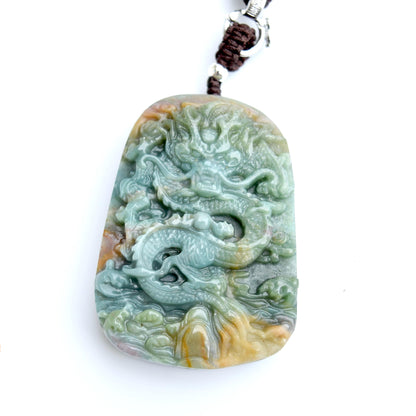 Chinese Dragon Jasper Pendant Necklace: Adjustable Jade Cord
