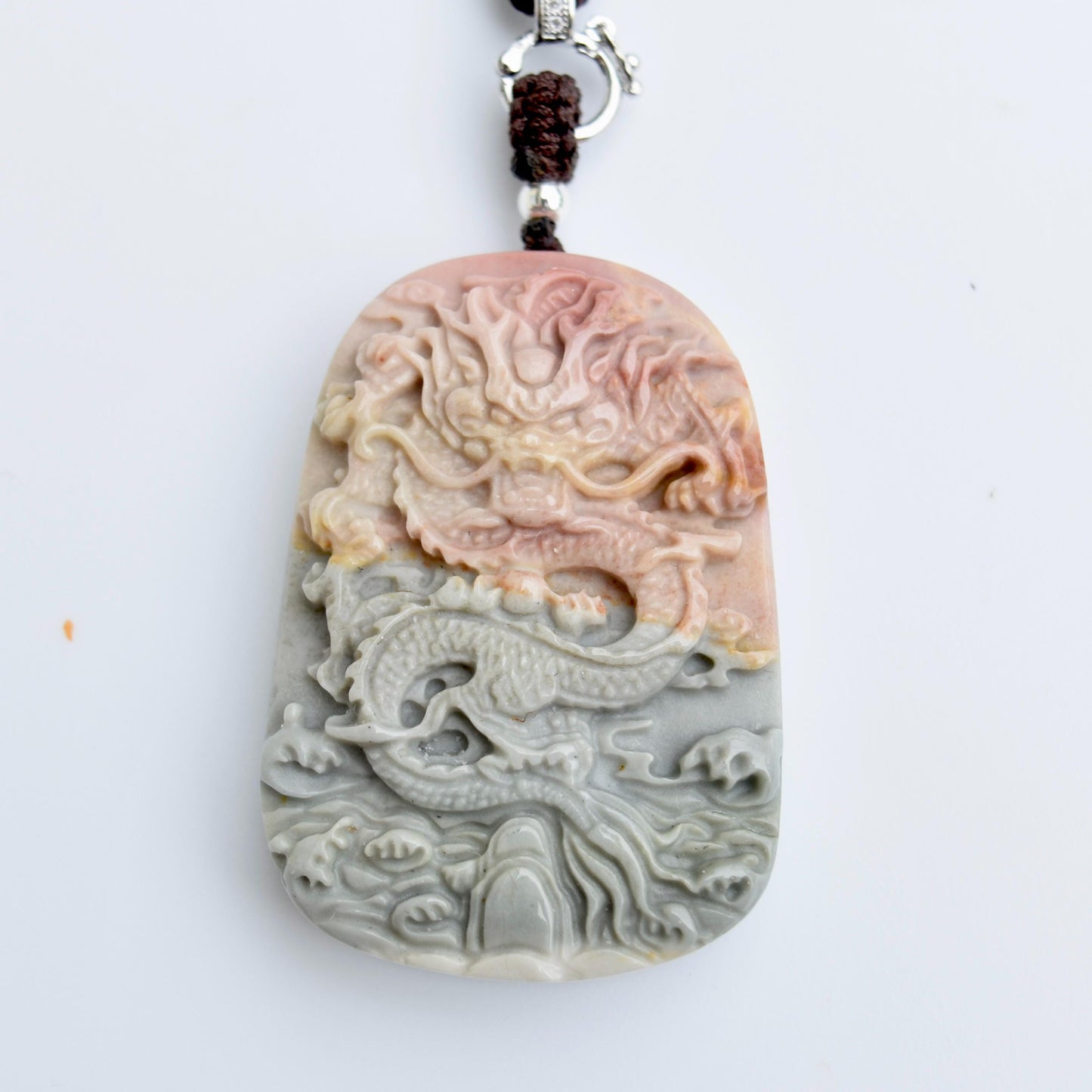 Chinese Dragon Jasper Pendant Necklace: Adjustable Jade Cord