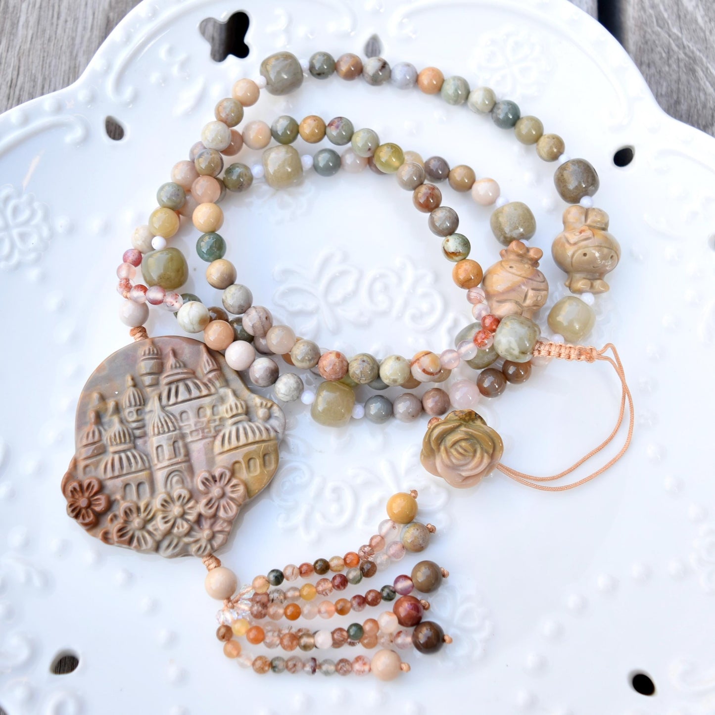 Jasper Flora Castle Pendant Tassel Necklace - Colorful Agate Necklace